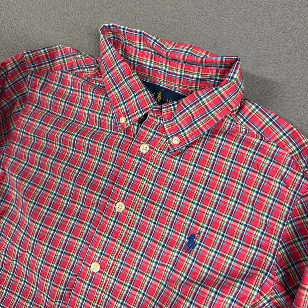 Ralph Lauren Shirt Boys Medium 10-12 Pink Plaid Long Sleeve Button Down Pony